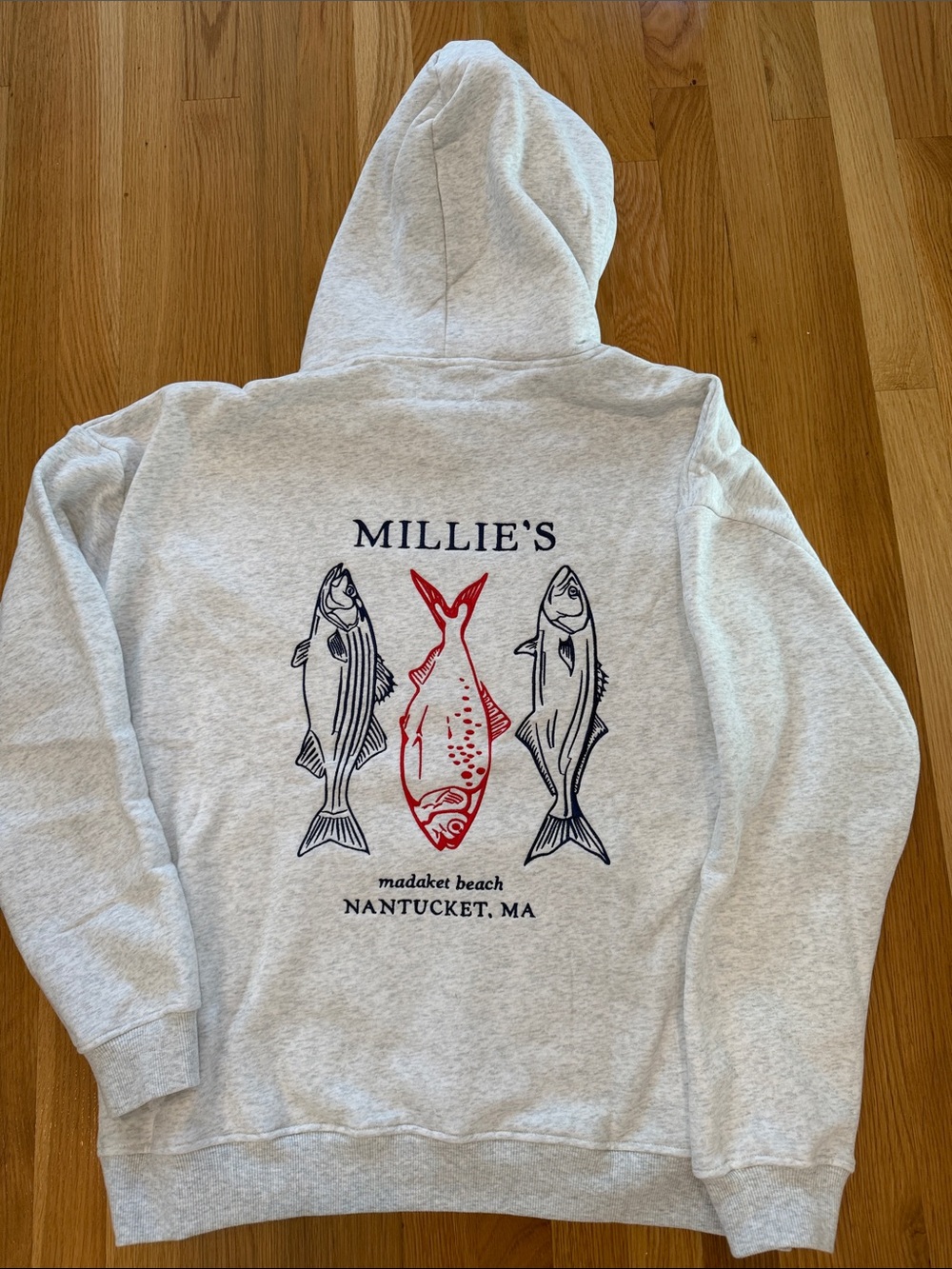Nantucket Beach Fish Graphic Hoodie - Light Gray with Red & Navy- unisex